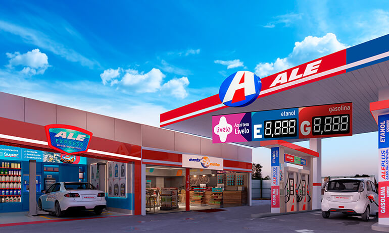 Posto de combustível da ALE, com loja de conveniência Entreposto e troca de óleo ALE Express.